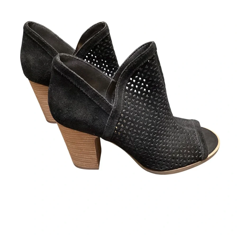 Lucky Brand Livey Black Suede Perforated Open Toe Block Heel Booties 8M Boho EUC